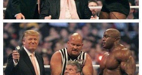 Esecuzione capillare: Trump sul ring rade il presidente della Federazione Mondiale Wrestling, McMahon, tenuto dal campione Bobby Lashley
