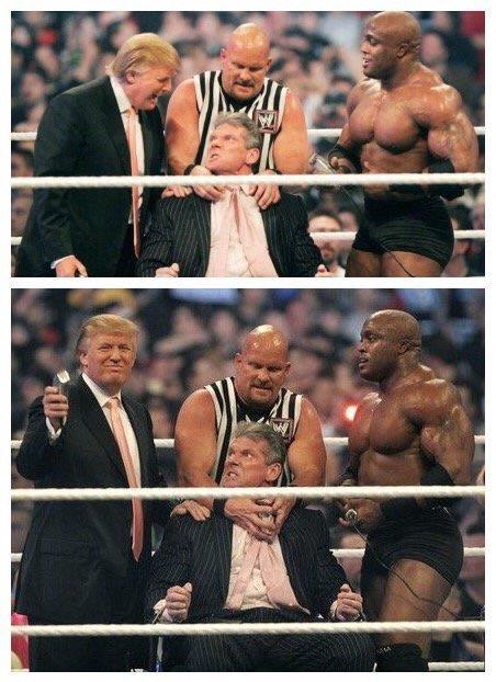 Donald Trump shaves the head of WWE Chairman Vince McMahon, held by Stone Cold & assisted by Bobby Lashley, WM 2007.